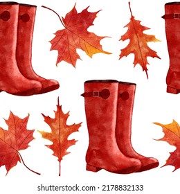 Watercolor hand drawn seamless pattern with Wellington boots, red orange yellow fall autumn leaves, maple oak vine leaf. October september thanksgiving background with forest wood berries. - Powered by Shutterstock