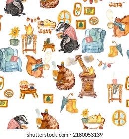 Watercolor Hand Drawn Seamless Pattern Forest Friends Tea Party. Cute Characters Badger, Squirrel And Hedgehog In A Cozy Atmosphere At Home