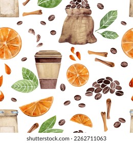 Watercolor hand drawn seamless pattern with coffee cups beans leaves, orange, croissant, dishes. Isolated on white background. For invitations, cafe, restaurant food menu, print, website, cards.
