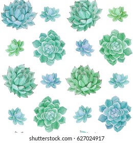 Watercolor hand drawn seamless pattern. Floral seamless pattern painted with watercolor. Hand made retro stylized seamless pattern. Succulents seamless watercolor pattern.