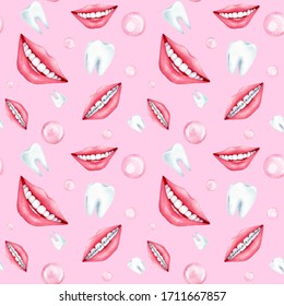 Watercolor Hand Drawn Seamless Pink Pattern With Beautiful Smiles, White Teeth, Pink Bubbles And Smiles With 
Braces. Nice Background For Girl`s Dental Design.