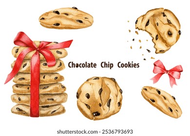 Watercolor hand drawn set of chocolate chip cookie isolated on whitebackground. Watercolor gingerbread cookies with a red bow. Hand drawn illustration. National Chocolate Chip Cookie day.
 - Powered by Shutterstock