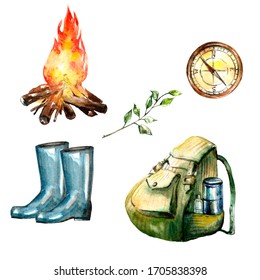 Watercolor hand drawn set of isolated    fire, rubber boots, tree branch, tourism rucksack and compass. Seasonal objects. Tourism, camping, active sport lifestyle concept. Travel, hiking equipment.
