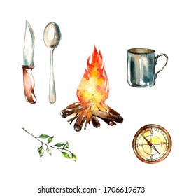 Watercolor hand drawn set of isolated fire, compass, knife, spoon, tree branch and a mug. Tourism and camping objects. Outdoor activity, healthy lifestyle concept.