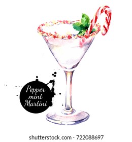 Watercolor hand drawn sketch Christmas cocktail Peppermint Martini. Isolated illustration on white background