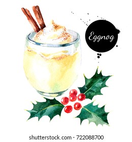 Watercolor Hand Drawn Sketch Christmas Cocktail Eggnog With Cinnamon And Holly Berries. Isolated Illustration On White Background