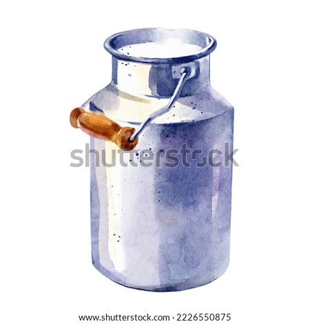 Watercolor hand drawn sketch vintage milk can. Painted isolated illustration on white background. Packaging design