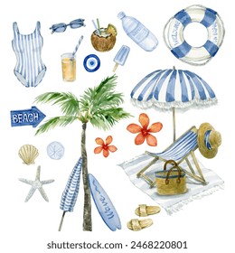 Watercolor hand drawn summer beach set with coastal resort items, such as swimsuit, palm tree, beach umbrella, lounge chair, lifebuoy, shells, sunglasses, cocktails, and surf. Use as design elements. - Powered by Shutterstock