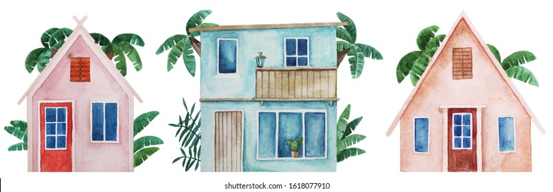 Watercolor Hand Drawn Summer Cottage