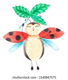 Watercolor Hand Drawn Summer  Illustration Of Lady Bird With Spotted Wings Flying Smiling Holding Carved Strawberry Leaf. Isolated On White Background