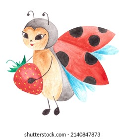 Watercolor Hand Drawn Summer Illustration Of Lady Bird With Spotted Wings Smiling Holding Red Juicy Strawberry.Isolated On White Background