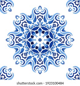 Watercolor Hand Drawn Tile Seamless Mandala Medallion Ornamental Pattern. Arabersque Hand Drawn Design