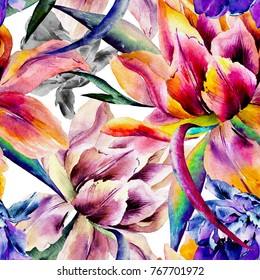 Watercolor hand drawn tulip flowers.Wild exotic tropical free design composition.Colorful wallpaper.Seamless magic pattern.Fashion fabric textile print.Invitation.Celebration.Valentin day.Wedding.