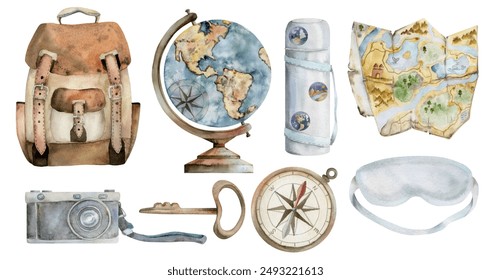 Watercolor hand drawn vintage illustration. Tourist accessories set backpack, old camera, navigation map, vacuum flask, sleeping mask, compass. Tourism, travel, brochure, guide, print, card tattoo. - Powered by Shutterstock