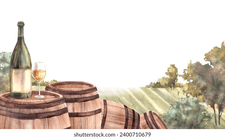 Watercolor hand drawn wine label. Wooden barrels, bottle, glass of white wine in front of vineyards rural landscape with grape fields, trees. Winemaking Painted illustration isolated white background  - Powered by Shutterstock