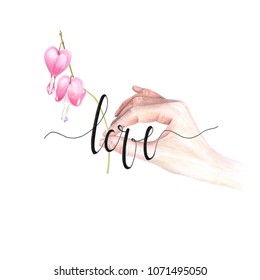 Watercolor hand holding bleeding heart flower & Love isolated white background  Symbol true love  Banner  poster & textile design  Unconditional love concept  Hand drawn realistic illustration
