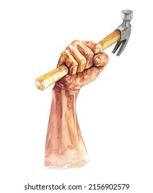 Watercolor Hand Holding A Hammer. Happy Labor Day. Vacation 1st May Layer Path, Clipping Path, POD, Labor's Day Clipping Path Isolated On White Background.