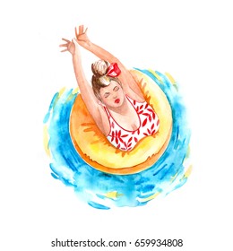 Watercolor Hand Illustration: Woman Girl Relaxing In Swimming Pool Floating On An Inflatable Ring