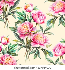 Watercolor Hand Paint Pink Peonies Leaves Stock Illustration 537984070 