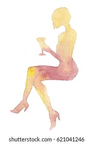  Watercolor hand paint silhouette young woman in dress sitting and cocktail  Painting fashion illustration  white background  Sunny  tender 
