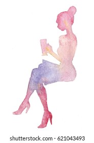  Watercolor hand paint silhouette young woman in dress sitting and coffee in the Cafe  Painting fashion illustration white background  Sunny  tender  lady in pink shoes