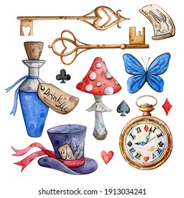 Watercolor hand painted Alice in Wonderland set  Key  clock  mushroom  Illustration isolated white background  Use it for postcards  invitations    scrapbooking 