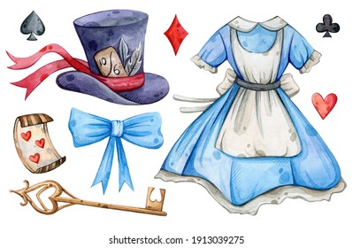 Watercolor hand painted Alice in Wonderland set. Key, clock, dress. Illustration isolated on white background. Use it for postcards, invitations, and scrapbooking.