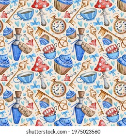 Watercolor hand painted Alice in Wonderland pattern  Hat  playing cards  dress  cupcake  cup  mushrooms  keys  Use it for postcards  invitations    scrapbooking 