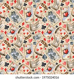 Watercolor hand painted Alice in Wonderland pattern  Playing cards  Brown background  Use it for postcards  invitations    scrapbooking 