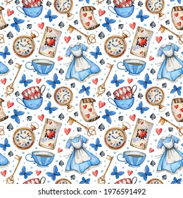 Watercolor hand painted Alice in Wonderland pattern  Hat  playing cards  dress  cupcake  cup  mushrooms  keys  White background  Use it for postcards  invitations    scrapbooking 