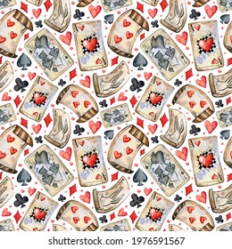 Watercolor hand painted Alice in Wonderland pattern  Playing cards  White background  Use it for postcards  invitations    scrapbooking 