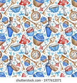Watercolor hand painted Alice in Wonderland pattern  Hat  playing cards  dress  cupcake  cup  mushrooms  keys  White background  Use it for postcards  invitations    scrapbooking 