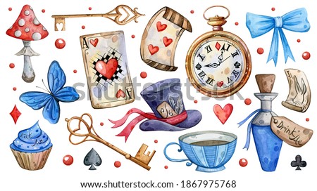 Watercolor hand painted Alice in Wonderland set. Illustration isolated on white background. Watch, hat, cards, butterfly, key, bow. Use it for postcards, invitations, and scrapbooking. Сток-фото © 