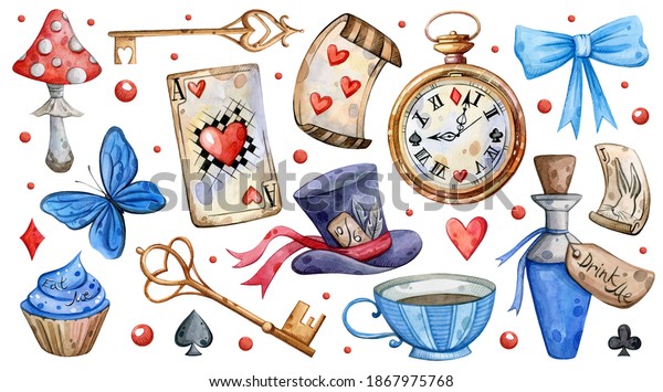 Watercolor hand painted Alice in Wonderland set. Illustration isolated on white background. Watch, hat, cards, butterfly, key, bow. Use it for postcards, invitations, and scrapbooking.