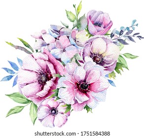 Watercolor Hand Painted Anemone Wreath Anemones Stock Illustration ...