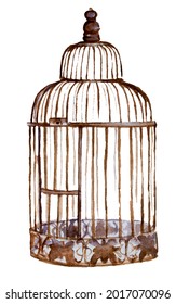 Watercolor hand painted antique bird cage isolated on white. Beautiful vintage decorative cage illustration. Spring design.