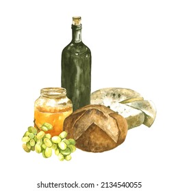 Watercolor Hand Painted Appetizer Illustration Of Bread, Cheese, Honey Jar, Green Grapes, Bottle Of Wine. Dinner Meal Objects Isolated On White Background. Food Clipart Elements For Restaurant, Menu.