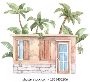 Watercolor Hand Painted Beach House With Palm Trees