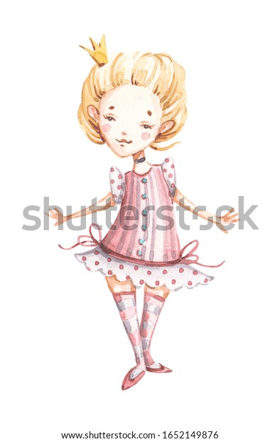 水彩手描きのかわいいお姫様バレリーナ 王冠の女の子 手描きの水彩バレリーナ ピンクのドレスを着たかわいい バレエ少女 子どものtシャツのデザイン 誕生日の招待 のイラスト素材