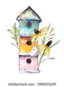 Watercolor hand painted birdhouse illustration isolated on a. white background.Bird nest design.Nature concept.Spring themed clipart.