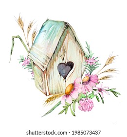 Watercolor hand painted birdhouse illustration isolated on a. white background.Bird nest design.Nature concept.Spring themed clipart.