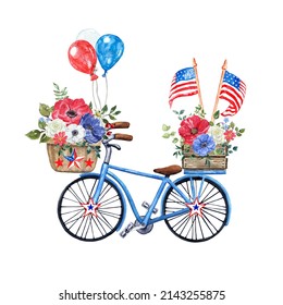 Watercolor hand painted blue patriotic bicycle with US flags, red, white and blue balloons, flowers in a basket. 4th of July greting card design on white background.