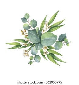 Watercolor Hand Painted Bouquet With Green Eucalyptus Leaves And Branches. Healing Herbs For Cards, Wedding Invitation, Posters, Save The Date Or Greeting Design Isolated On White Background.