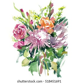 Watercolor Hand Painted Bunch Flowers Can Stock Illustration 518451691 ...