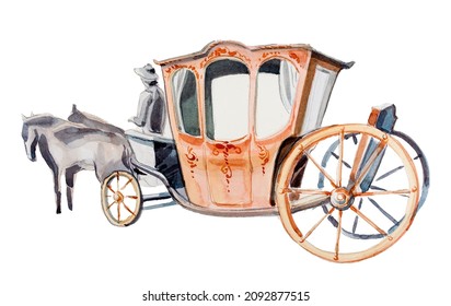 Watercolor hand painted carriage isolated on a white background. Fairytale themed clipart. Carriage with horses vintage vehicle.