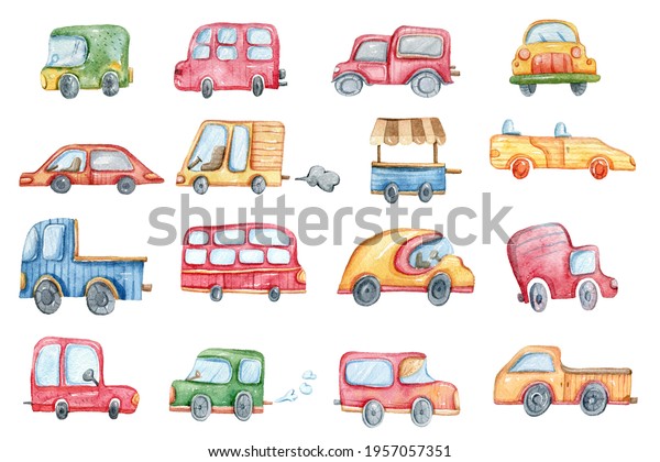 Watercolor hand painted cars clipart.\
Illustration set with nursery cartoon red, yellow, green cars,\
police car, bus, truck. Children illustration on white isolated\
background for stickers,\
patterns