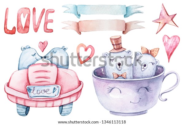 Watercolor hand painted cartoon bears set.\
Lovely animals on white background. Perfect for wedding invitation,\
stickers, greeting card,\
patterns