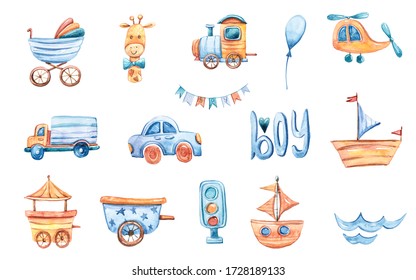 Watercolor hand painted cartoon car, ship, giraffe, locomotive clipart. Cute illustration on white background. Perfect for baby's birthday invitations, pattern, fabric, textile, scrapbooking, stickers