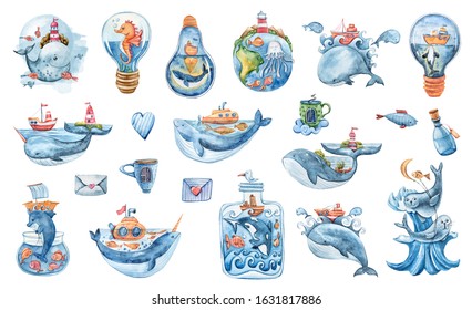 Watercolor hand painted cartoon sea characters clipart. Cute lovely fantasy whales, sea horse, dolphin, fish, orca. Perfect for print, pattern, textile design, fabric, poster, travel blog, stickers