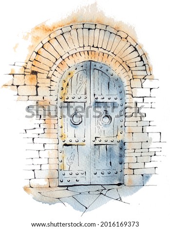Watercolor hand painted castle doors isolated on white. Medieval architecture illustration. Fairytale design.